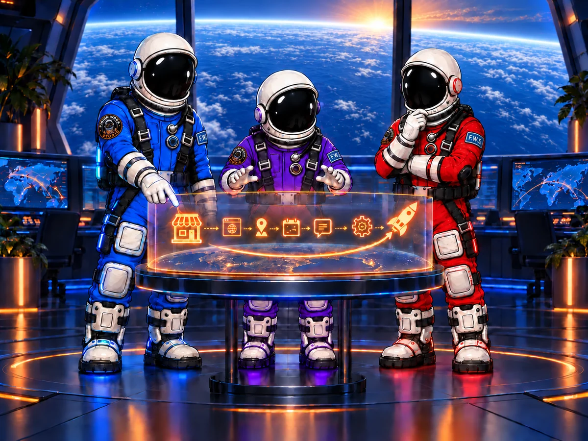Three Finish Work Studio astronauts in blue, purple, and red accents guiding a small business from storefront to launch