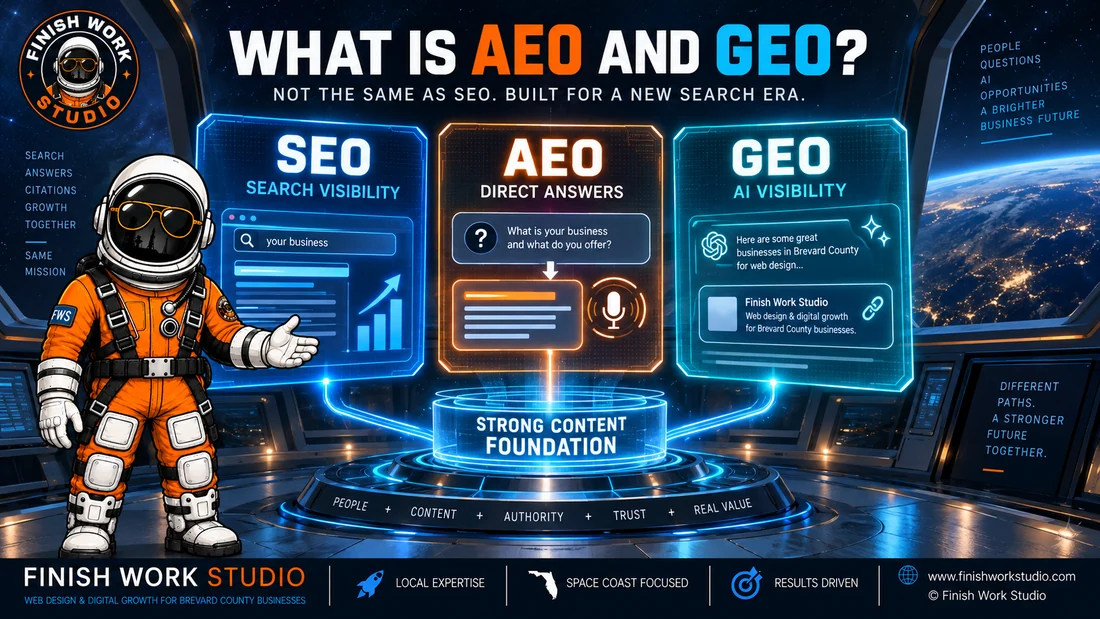 Finish Work Studio astronaut explaining how SEO, AEO, and GEO connect through a strong content foundation