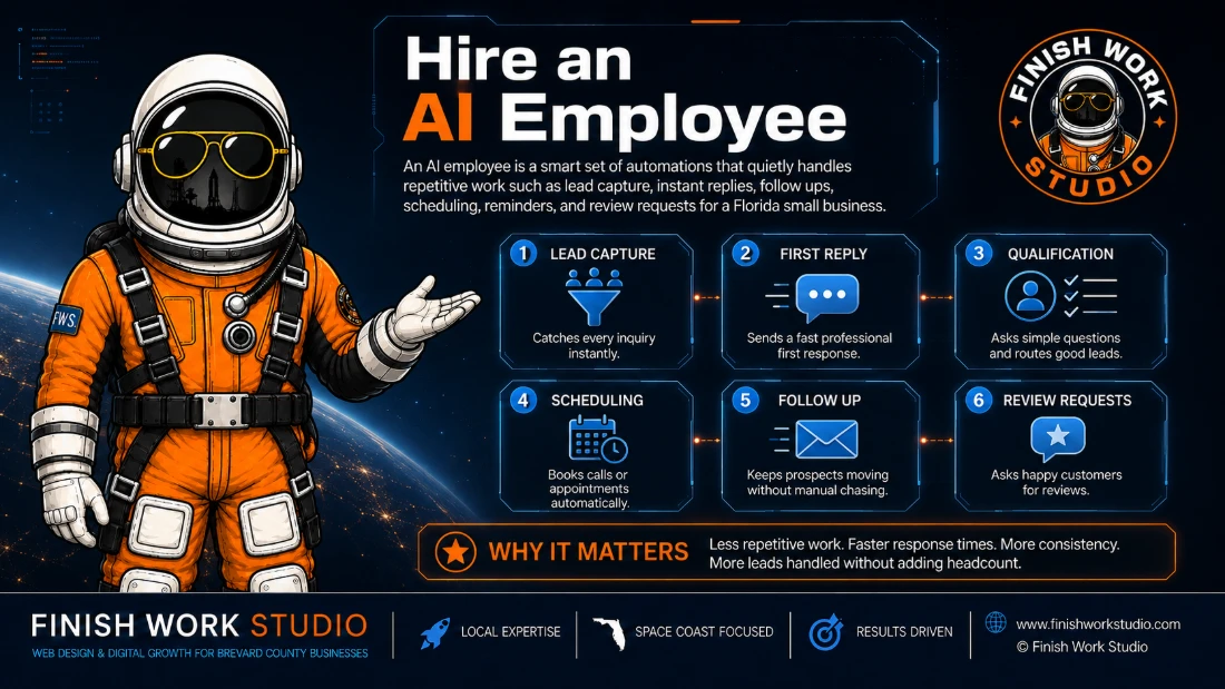 Hire an AI Employee — a set of automations handling lead capture, first reply, qualification, scheduling, follow up, and review requests, with the Finish Work Studio astronaut
