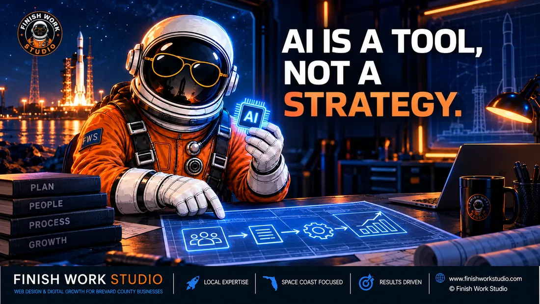Finish Work Studio astronaut using an AI tool beside a planned business workflow