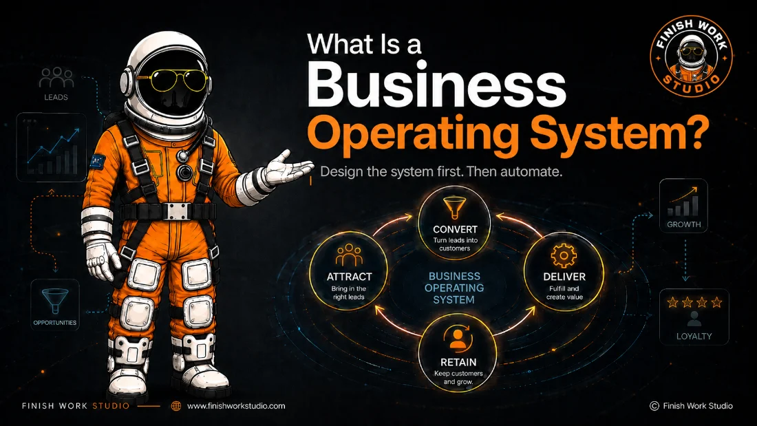 What Is a Business Operating System — the Attract, Convert, Deliver, Retain loop, with the Finish Work Studio astronaut