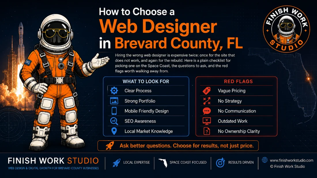 How to Choose a Web Designer in Brevard County, FL — what to look for versus red flags, with the Finish Work Studio astronaut