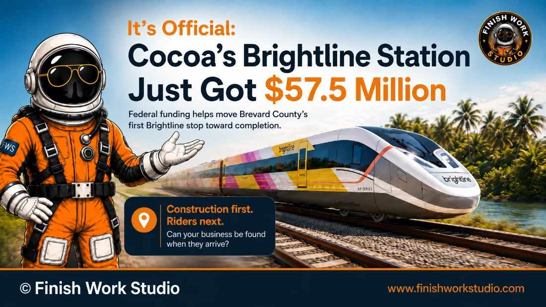 It's Official: Cocoa's Brightline Station Just Got $57.5 Million — federal funding moves Brevard County's first Brightline stop toward completion, with the Finish Work Studio astronaut
