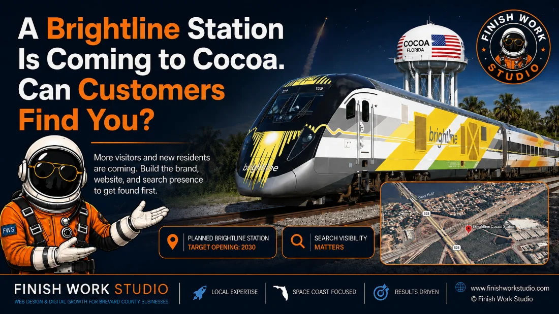 A Brightline Station Is Coming to Cocoa. Can Customers Find You? — Brightline train passing the Cocoa water tower, with the Finish Work Studio astronaut and the planned station map