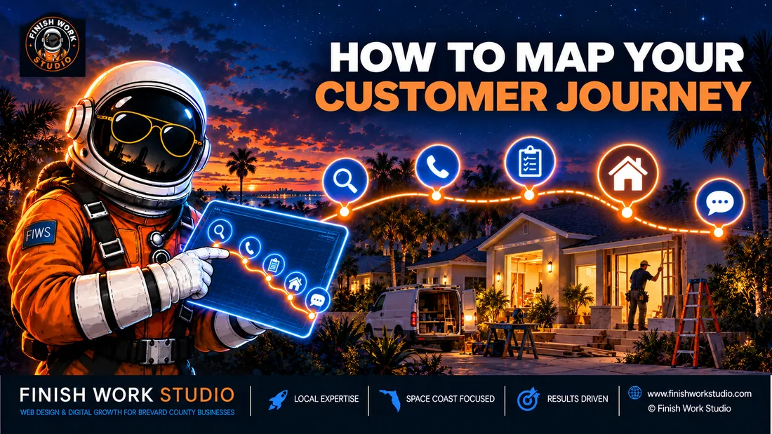 Finish Work Studio astronaut mapping a customer journey from search and inquiry to an estimate, completed work, and follow-up