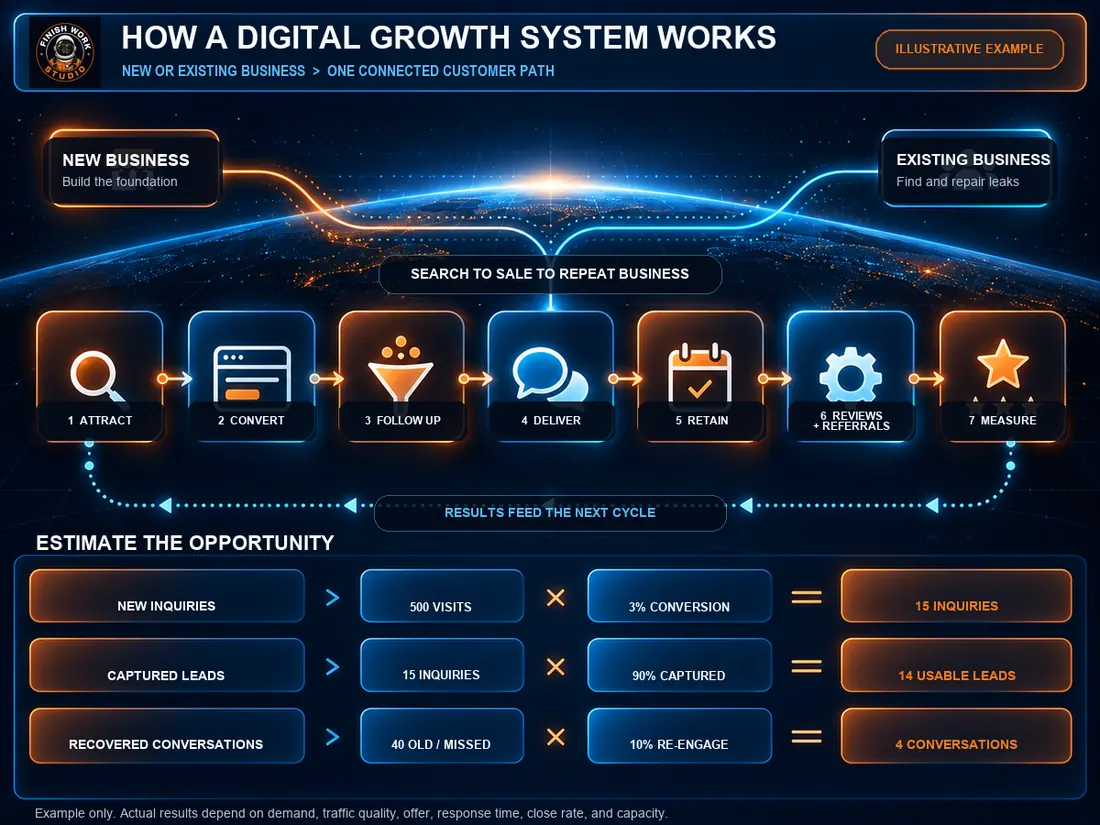 Digital Growth System flow for new and existing businesses showing seven connected stages and example calculations for new inquiries, captured leads, and recovered conversations