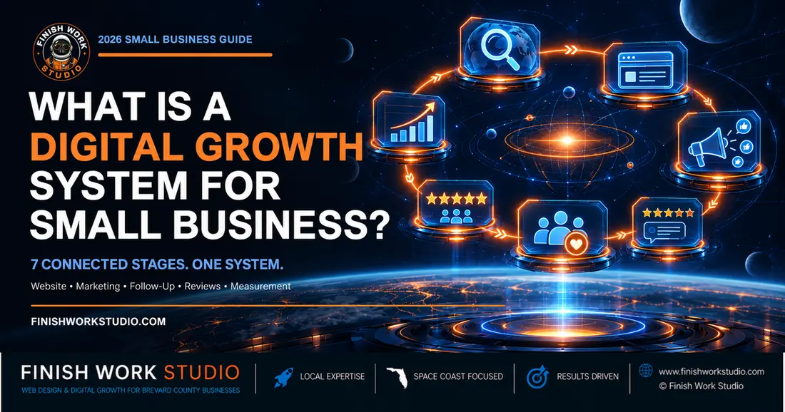What Is a Digital Growth System for Small Business with seven connected stages for search, leads, follow-up, reviews, and measurement