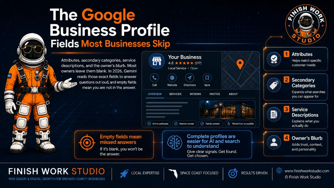 The Google Business Profile Fields Most Businesses Skip: attributes, secondary categories, service descriptions, and the owner's blurb, shown on a sample profile with the Finish Work Studio astronaut
