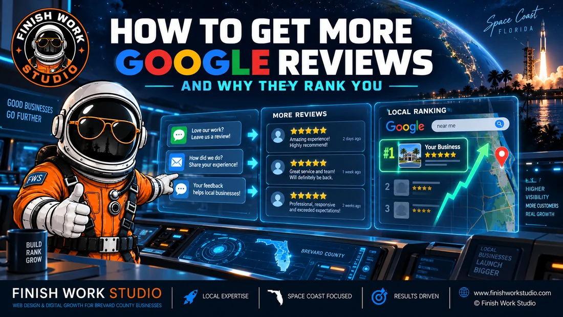 Finish Work Studio astronaut beside Google review requests and a local ranking dashboard for Space Coast businesses