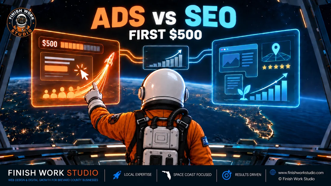 Finish Work Studio astronaut comparing immediate Google Ads traffic with a steadily growing local SEO foundation for a first $500 budget