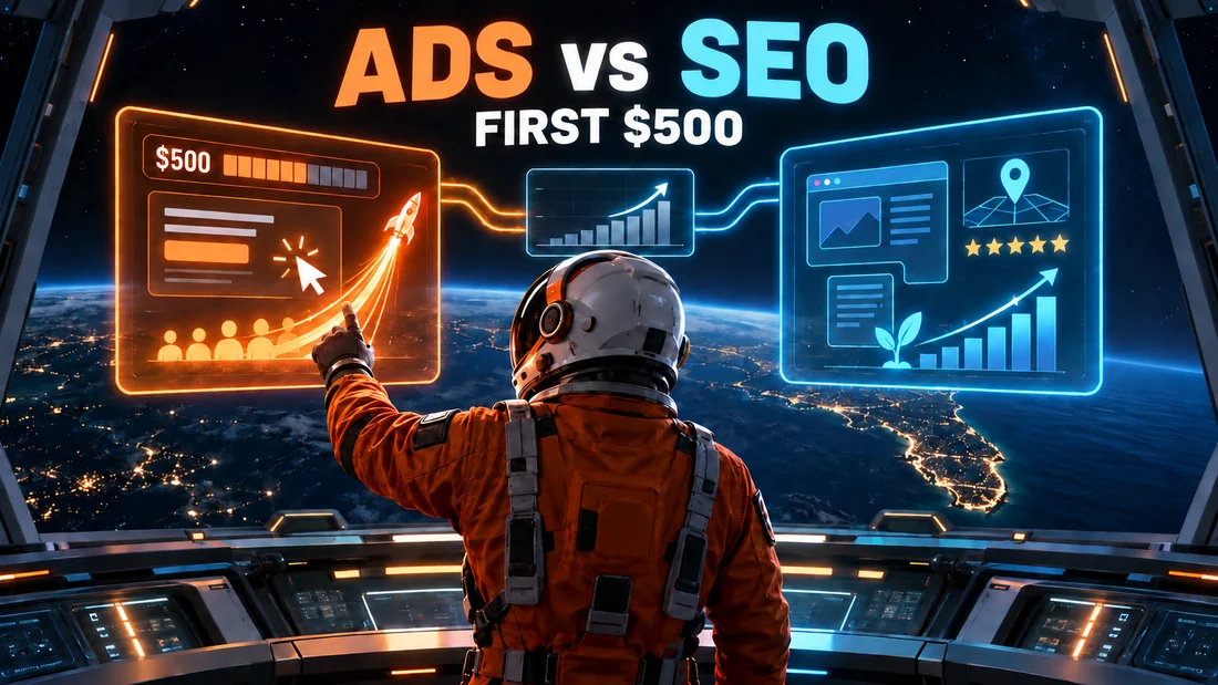 Finish Work Studio astronaut comparing immediate Google Ads traffic with a steadily growing local SEO foundation for a first $500 budget