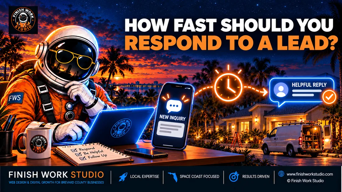 Finish Work Studio astronaut handling a new inquiry, with a glowing clock and helpful reply beside a home-service project
