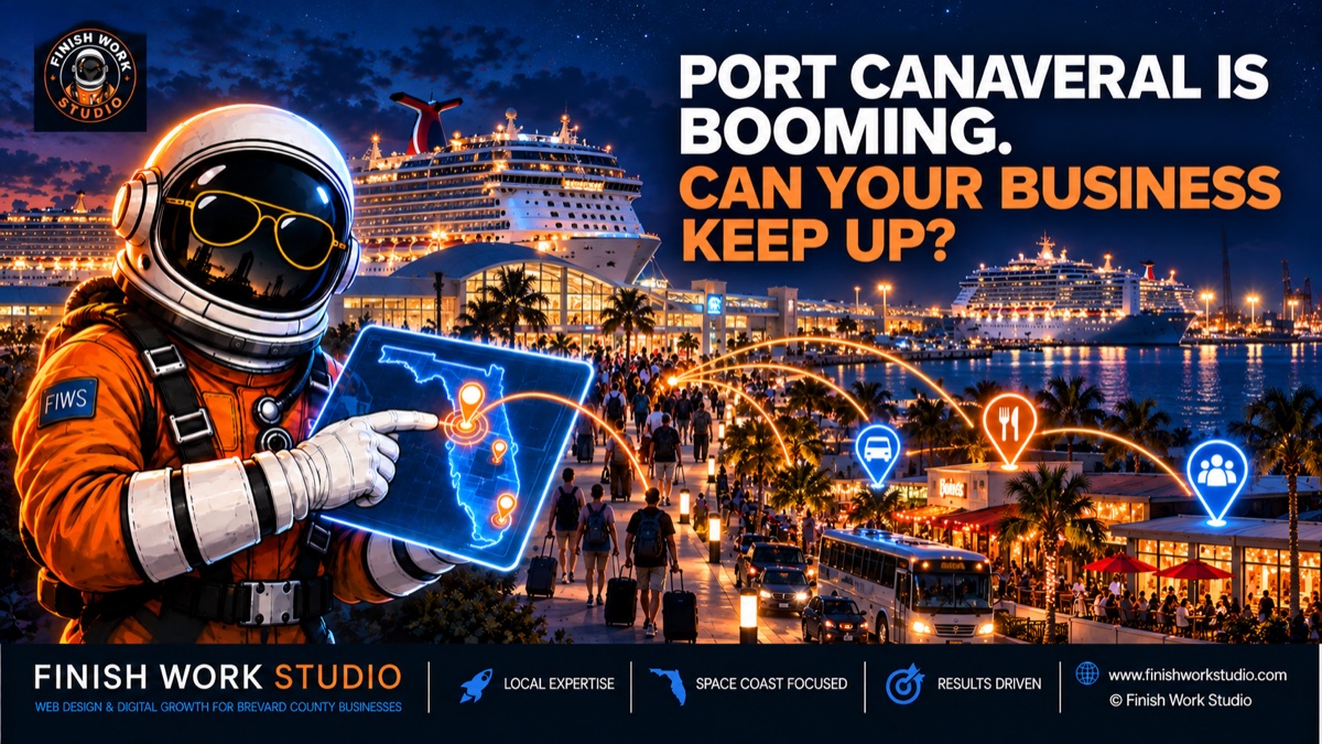 Finish Work Studio astronaut overlooking Port Canaveral cruise ships, travelers, and local businesses