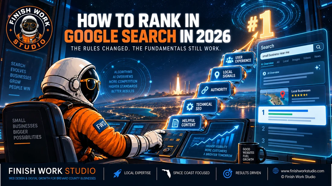 Finish Work Studio astronaut building a Google Search ranking path through helpful content, technical SEO, authority, local signals, and user experience