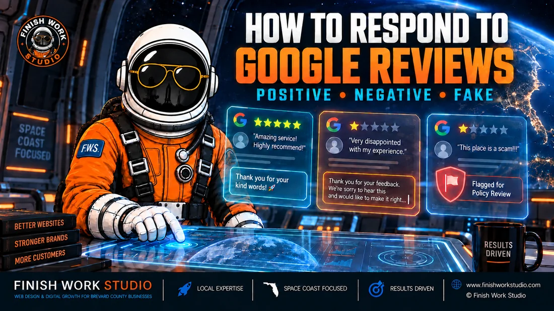 Finish Work Studio astronaut responding to positive, negative, and suspicious Google reviews from a futuristic mission-control console