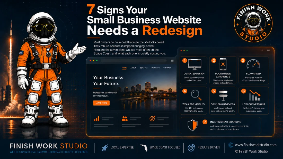 7 Signs Your Small Business Website Needs a Redesign — outdated design, poor mobile, slow speed, weak SEO, confusing navigation, low conversions, inconsistent branding