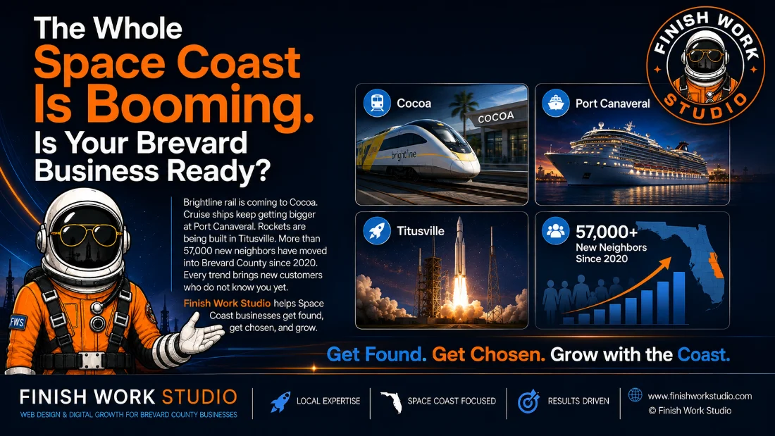 The Whole Space Coast Is Booming, Is Your Brevard Business Ready? Brightline in Cocoa, cruises at Port Canaveral, rockets in Titusville, and 57,000+ new neighbors, with the Finish Work Studio astronaut