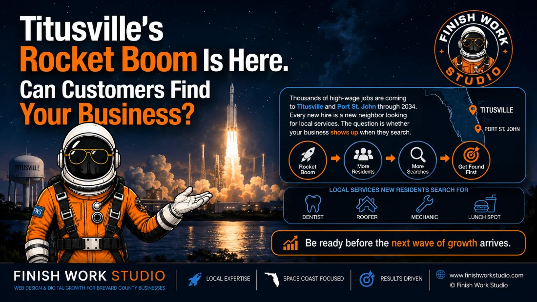 Titusville's Rocket Boom Is Here, Can Customers Find Your Business? A night rocket launch over Titusville with the Finish Work Studio astronaut and a local-search growth breakdown