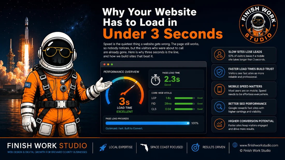 Why Your Website Has to Load in Under 3 Seconds — a performance dashboard reading 2.3s with green Core Web Vitals, and the Finish Work Studio astronaut