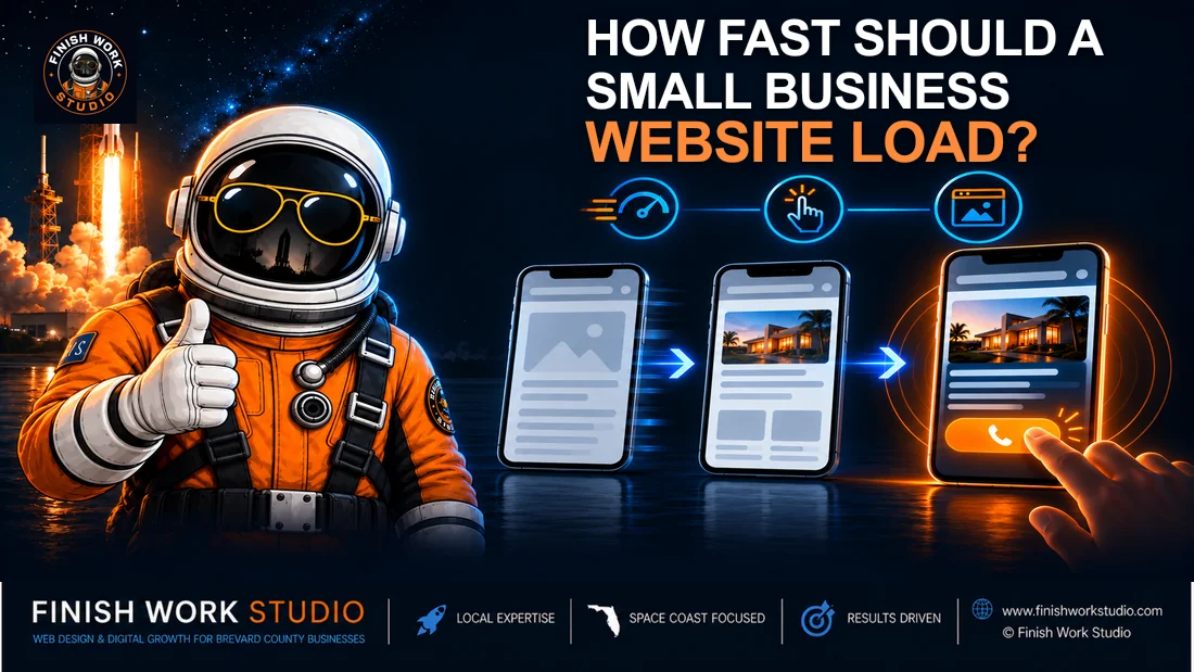 Finish Work Studio astronaut and mobile website speed graphic with the studio logo and branding strip