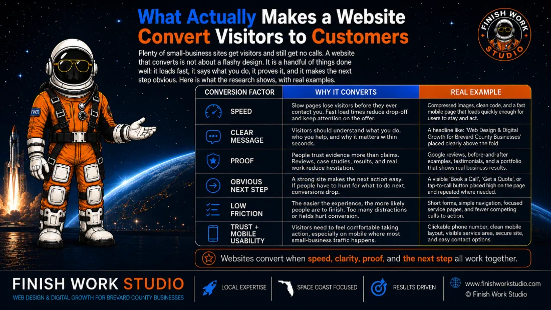 What actually makes a website convert visitors to customers, a Finish Work Studio guide for Space Coast businesses