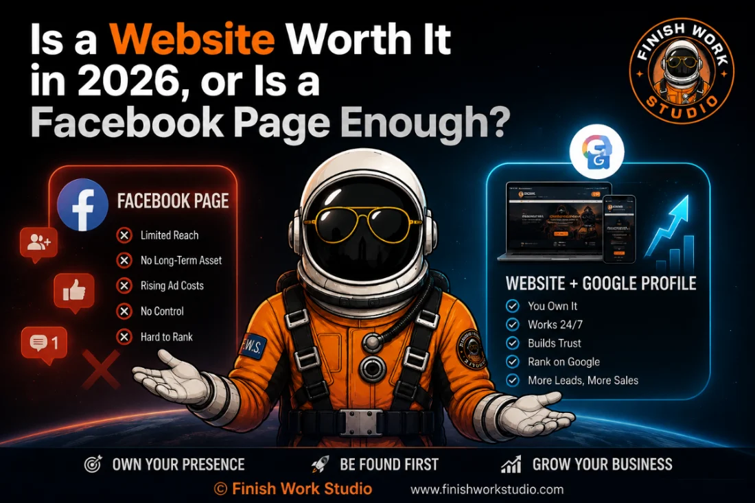 Facebook page limits versus a website plus Google Business Profile, with the Finish Work Studio astronaut between them