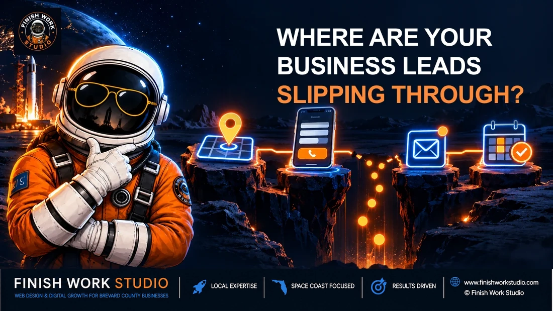 Finish Work Studio astronaut beside a broken customer contact path, with the studio logo and branded footer strip