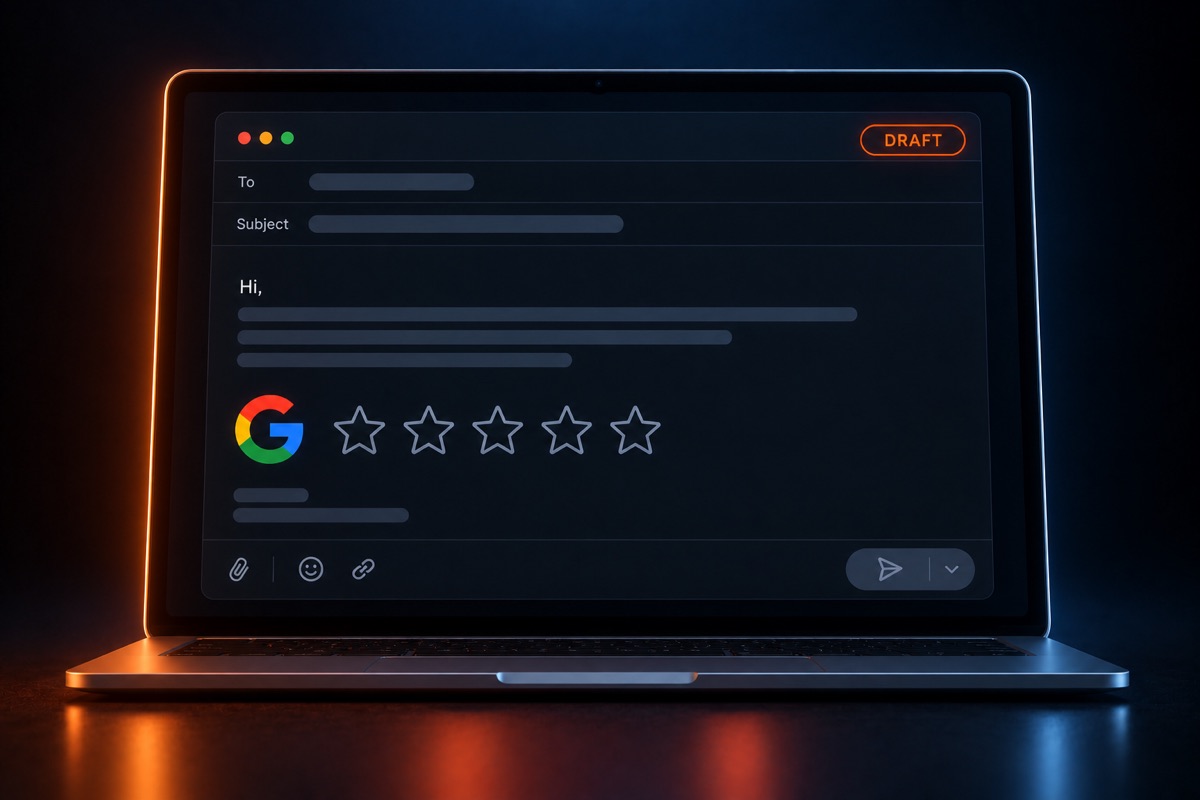 A laptop showing an unsent Google review-request email marked DRAFT.