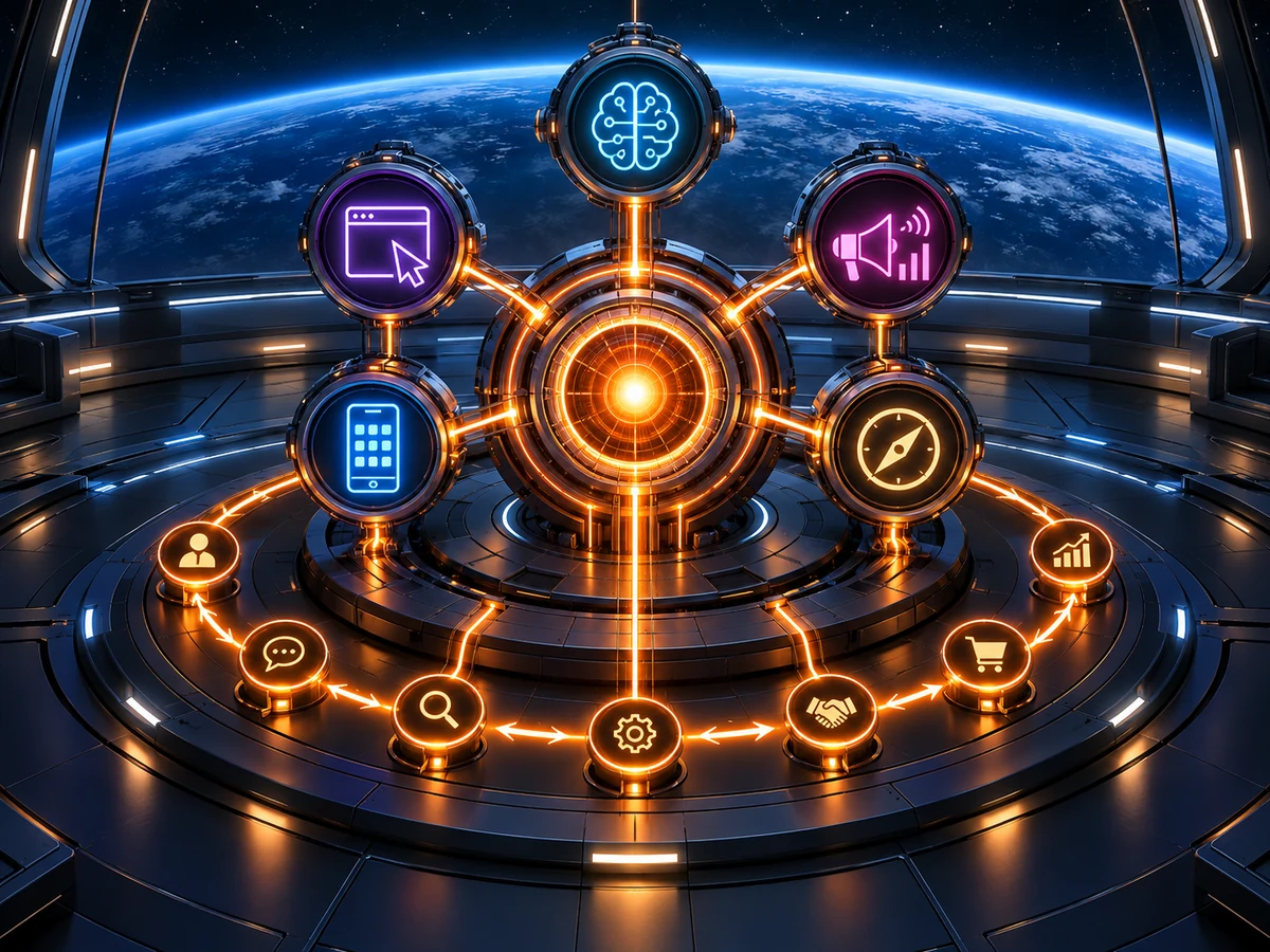 Five connected digital solution modules powering one seven-stage customer growth system